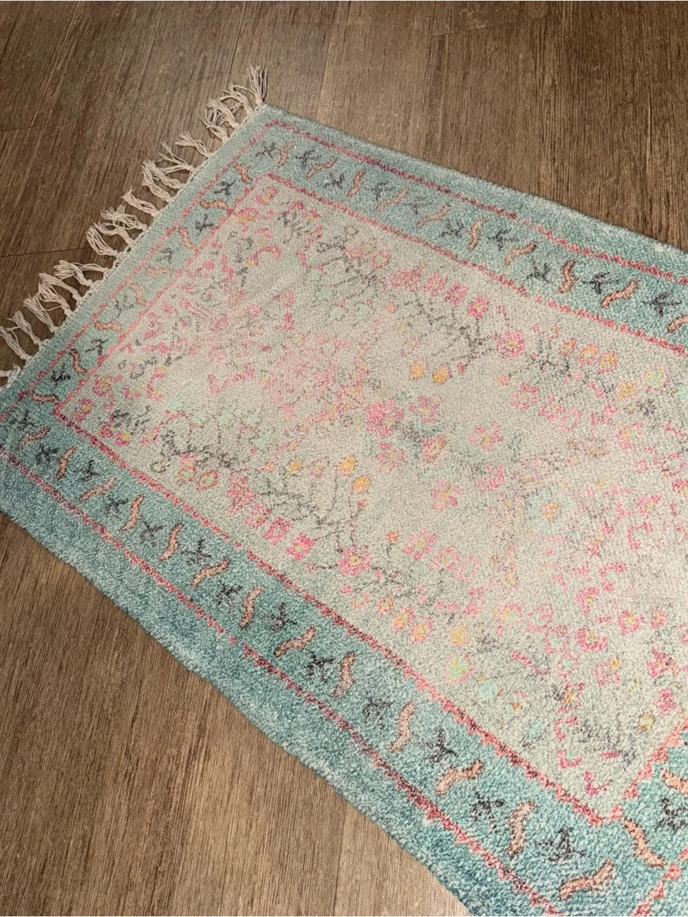 Urban Outfitters UO Home Turquoise and Pink Floral Accent Rug with Fringe 2x3